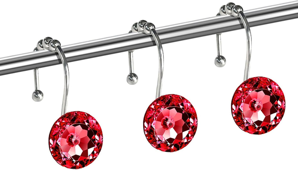 Red Crystal Diamond Shower Curtain Hooks for Bathroom【12Pack】, Silver Rust Proof Stainless Steel Rings, Decorative Gem Hanger, Bling Rhinestone, Glittery, Cute, Fancy Accessories