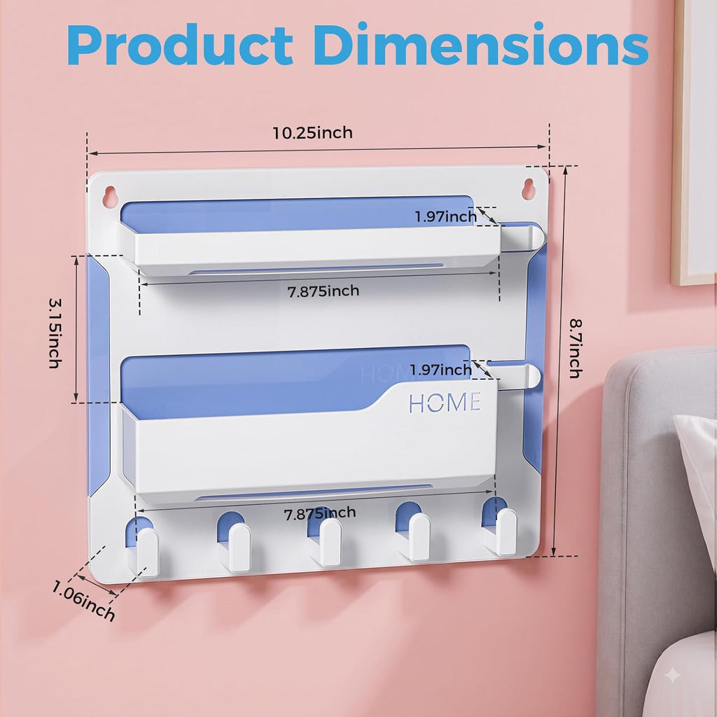 Bedside Shelf Wall Mount, Adhesive Bedside Shelf Accessories Organizer with Hooks and Cable Clips,Dorm Bedside Wall Storage for Phone, Remote, Earphone, Kindle,Plastic(White)