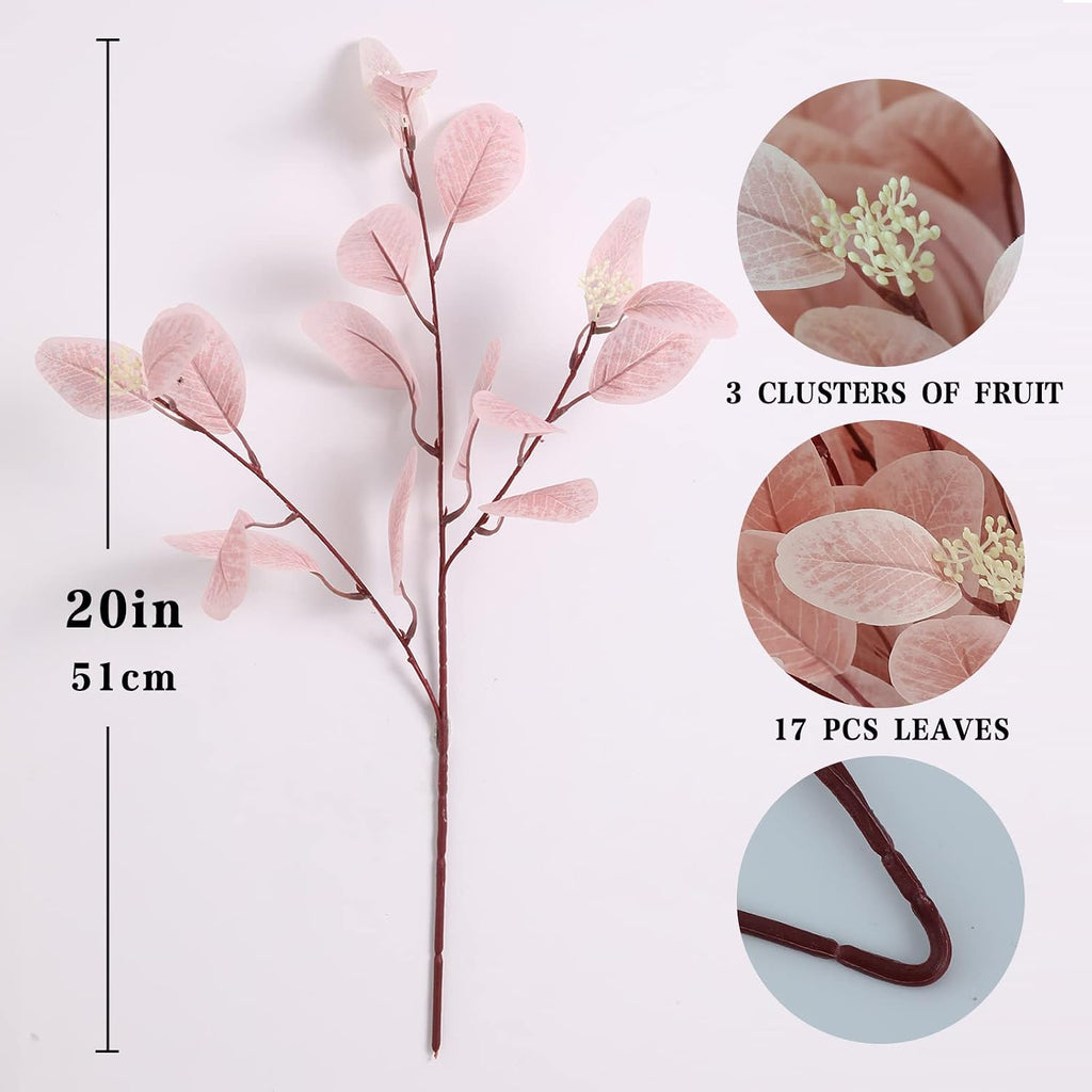 dallisten 20" Silk Artificial Eucalyptus Stems, 12 Pcs Fake Eucalyptus Stem with Leaves Berries, Greenery Plants Floral Decorations for Wedding Party Home Flowers Arrangement Boho Decor (Blush)
