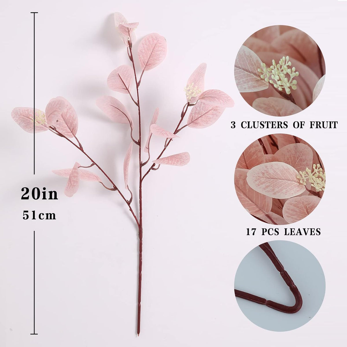 dallisten 20" Silk Artificial Eucalyptus Stems, 12 Pcs Fake Eucalyptus Stem with Leaves Berries, Greenery Plants Floral Decorations for Wedding Party Home Flowers Arrangement Boho Decor (Blush)