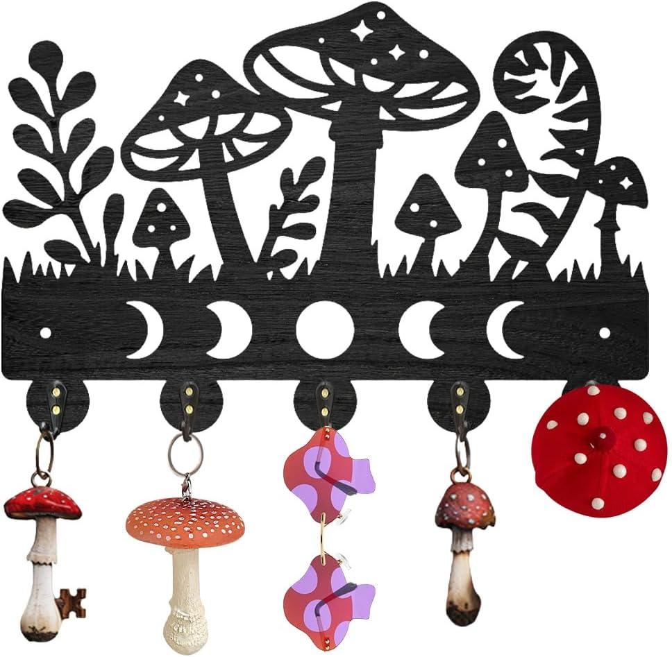 MAYJOYDIY Mushroom Moon Phases Key Holder Wall Mounted Wood Fall Wall Key Hooks 11.8×7.9inch Moon Star Grass Key Hanger Decorative for Gift Living Room Kitchen Office