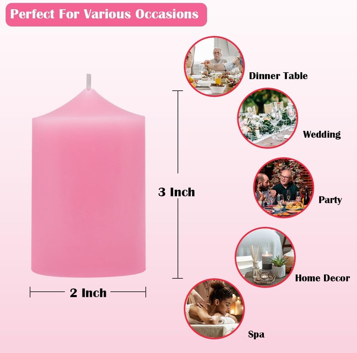 Set of 4 2x3 Inch Pink Pillar Candles, Small Unscented Dripless Solid Pastel Colored Cylinder Column Candles for Home Party Holiday Dinner Table - 24 Hour Burning Time