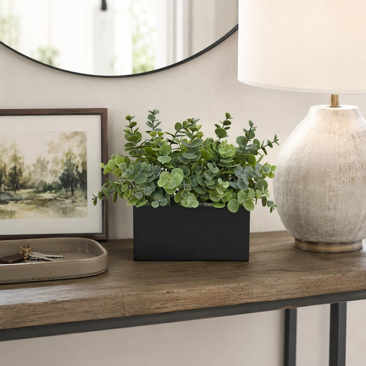 365 Blooming Decor Fake Eucalyptus Plants in Black Planter Box - Luxury Potted Artificial Eucalyptus Greenery with Real Pebbles for Farmhouse Bathroom, Shelf, Windowsill Décor//No Assembly Required//