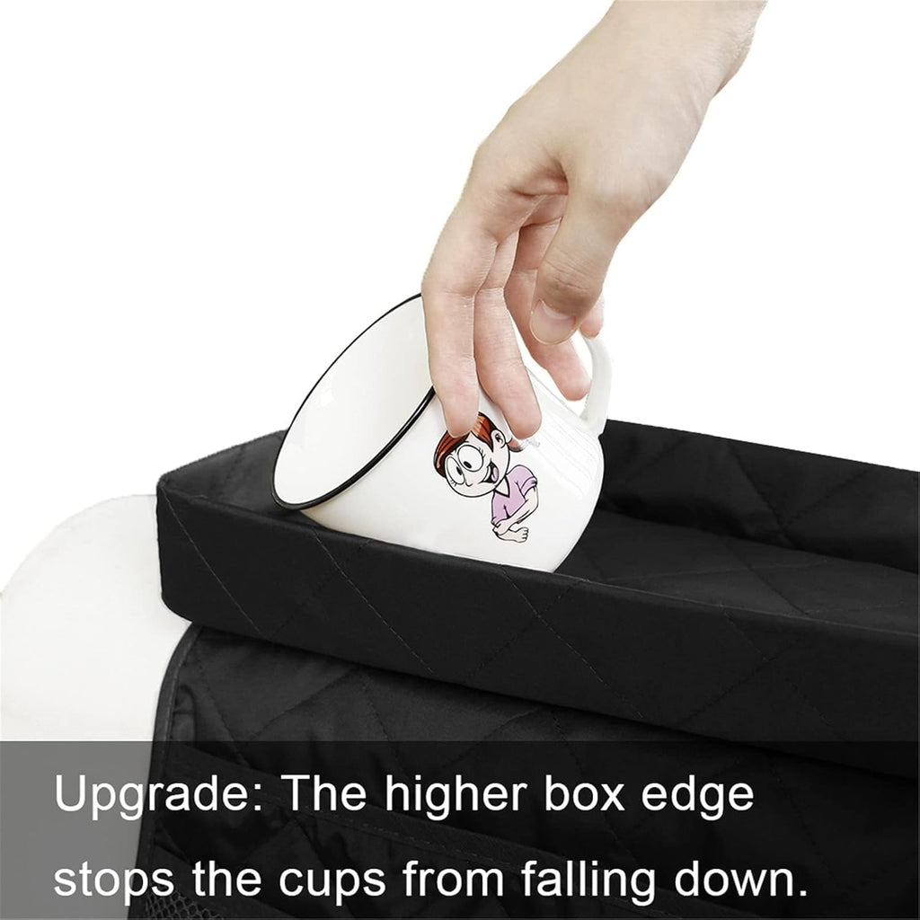 MDSTOP Couch Cup Holder Tray with Detachable Tray, Flodable Anti-Slip Sofa Armrest Tray Tables, Chair Couch Armrest Organizer Caddy for Snacks Remote Storage (Black1, 32" × 13")
