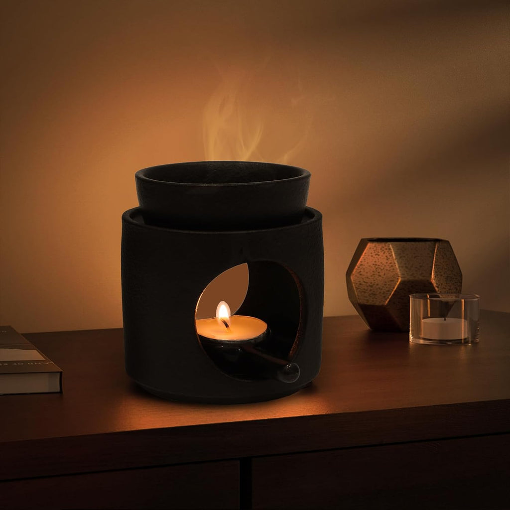 WD&CD Wax Melt Ceramic Oil Burner Black, Aroma Diffuser Essential Oil Burner Aromatherapy Wax Burner with Tealight Holder, Home Bedroom Decor