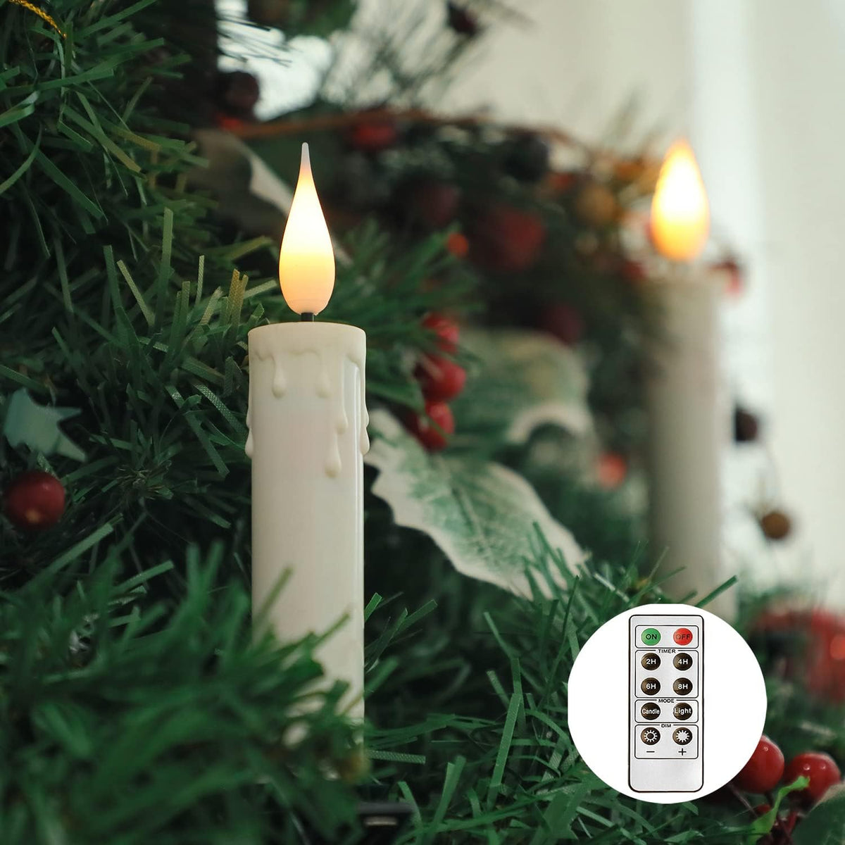 Pack of 10 Clip On LED Taper Candle with 3D Flickering Flame, Battery Operated Taper Candle with Clips and Remote, Plastic, Ivory