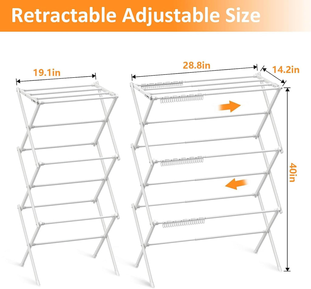 3 Tier Clothes Drying Rack, Foldable Drying Rack Clothing, 40" x 28.8" x 14.2",Indoor & Outdoor Laundry Drying Rack,Space-Saving, Collapsible & Portable, Pure White