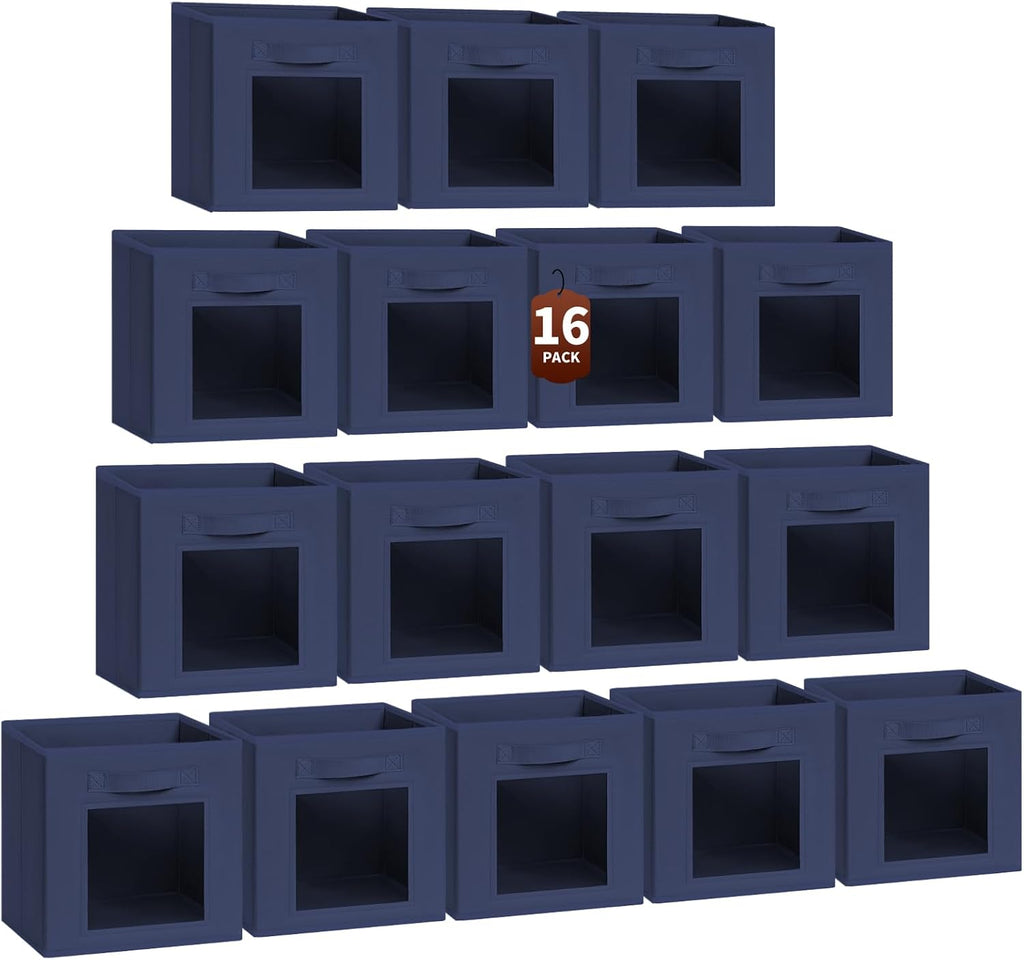 Homsorout Storage Cube 11 Inch - Cube Storage Bins with Window, Closet Storage Baskets with Handle, Fabric Bins for Closet, Shelves, Toys, Clothes, Set of 16, Navy Blue