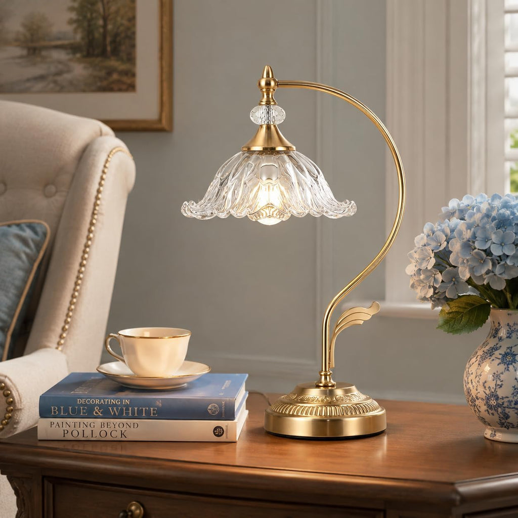 Vintage Floral Table Lamp, Plug in Mid-Century Modern Desk Lamp with Transparent Glass Shade, Gold Bedside Table Lamp Dimmable for Bedroom Living Room Home Office, E26 Base, UL Listed