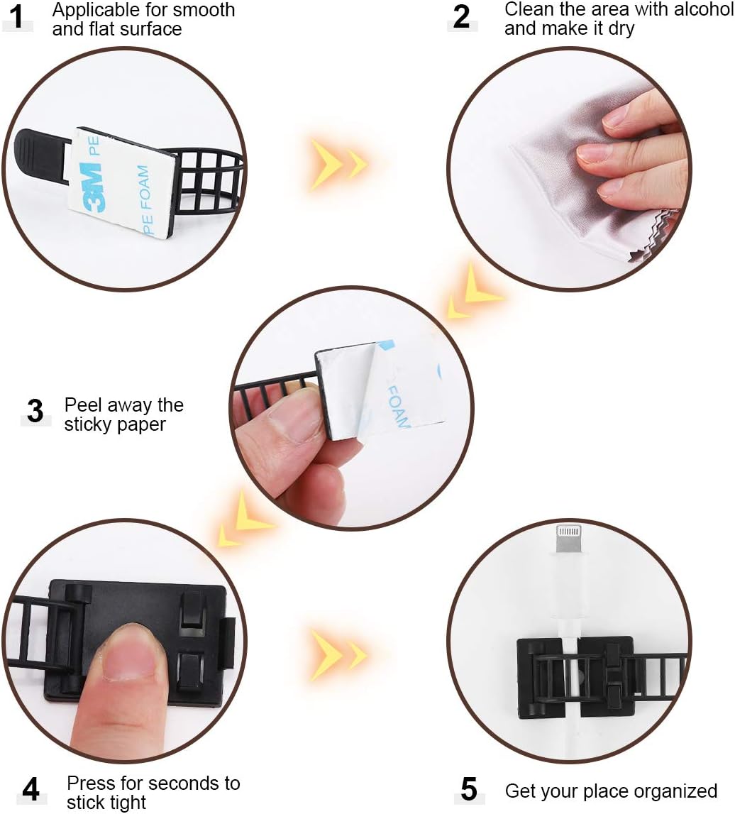 100Pcs Adhesive Cable Management Clips with 50Pcs Zip Ties, Adjustable Nylon Cable Strap Ties Wire Clips Clamps Organizer with Strong Adhesive Tape, Extra Screw & Hole - 3.55 Inch Black