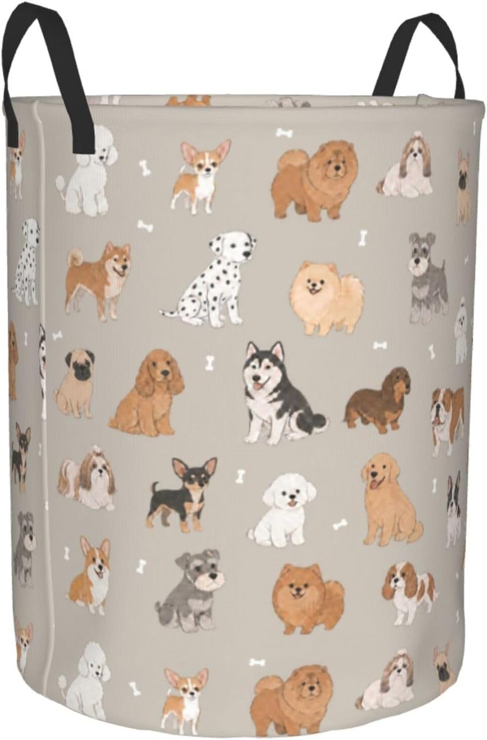 Cute Dog Animals Beige Round Laundry Hamper Storage Basket Toys Clothes Organizer Bin For Home Bathroom Bedroom Dorm Nursery, 62l