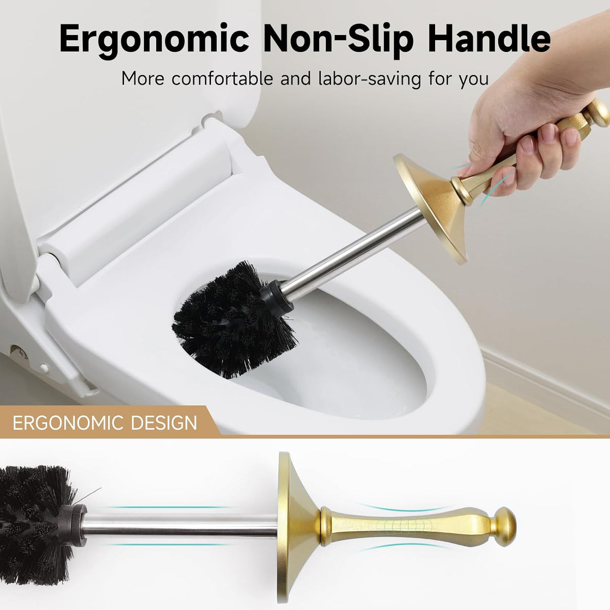Gold Toilet Brush and Holder，Extra Long Handled Toilet Brush for Bathroom，Stainless Steel Heavy Duty Toilet Bowl Brush,Deep Cleaning Modern Toilet Cleaner Brush -Space Saving, Covered Brush, Durable