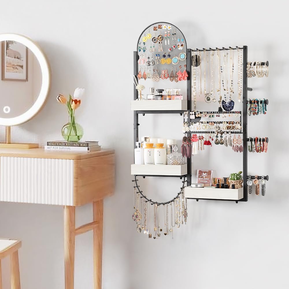 Keebofly Wall Mount Hanging Jewelry Organizer - Large Display Holder for Earrings, Rings, Necklaces, Bracelets, Watches and Perfume - White