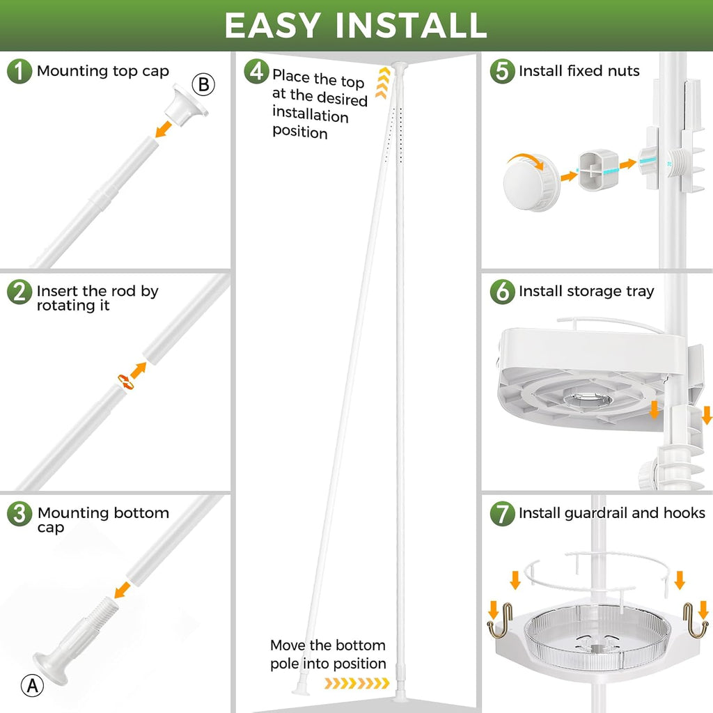 360°Rotating Corner Shower Caddy Organizer Tension Pole,White