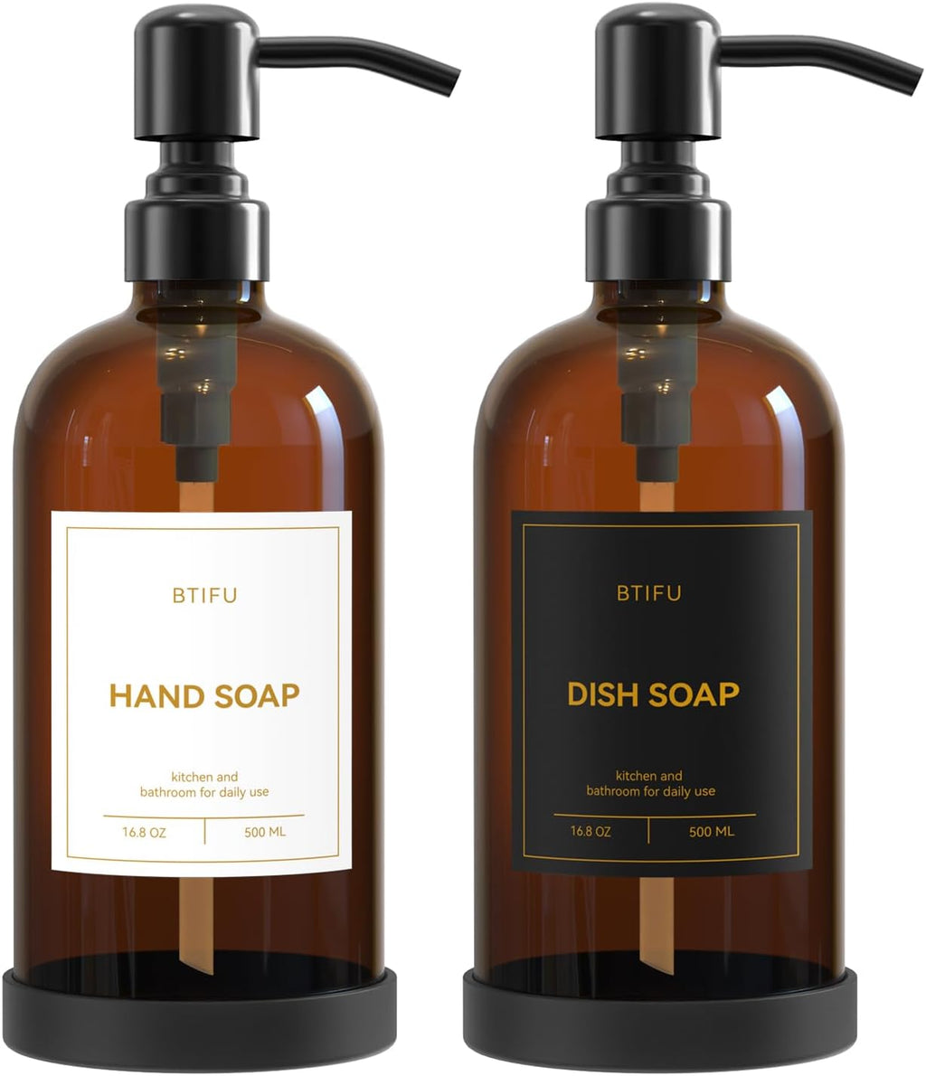 Kitchen Soap Dispenser Set – 16.8oz/500ml Glass Hand and Dish Soap Dispenser with Stainless Steel Pumps & Non-Slip Silicone Base, Luxury Countertop Decor for Home, Airbnb, Hotel (Amber & Black)