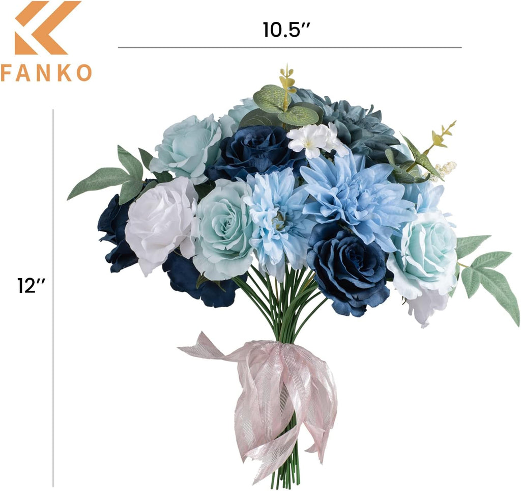FANKO Fall Artificial Flowers for DIY, Blue White Faux Flowers Bouquet, Fake Flowers with Roses Dahlia Daisy Silk Flowers for Vase, Fall Home Decor, Wedding Centerpiece, Floral Arrangement Décor