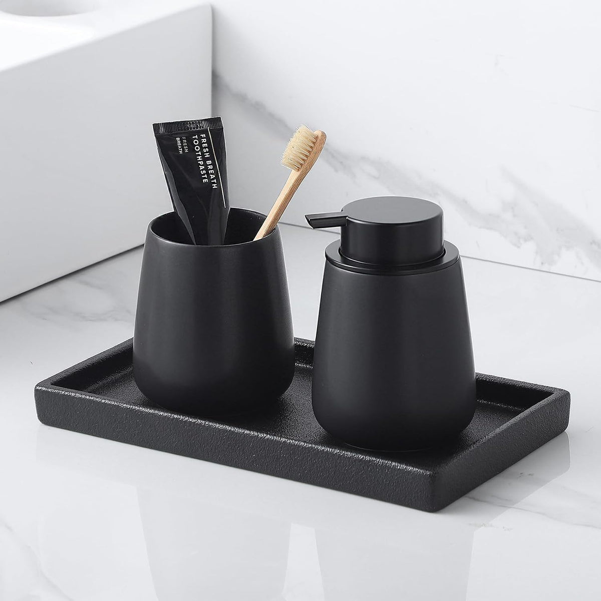Bathroom Vanity Tray - 11'' Ceramic Rough-Textured Rectangle Countertop Tray, Heavy-Duty Organizer Plate for Perfume, Jewelry, Candles, Soap Dispenser, Kitchen Decorative Stone Trays, Black