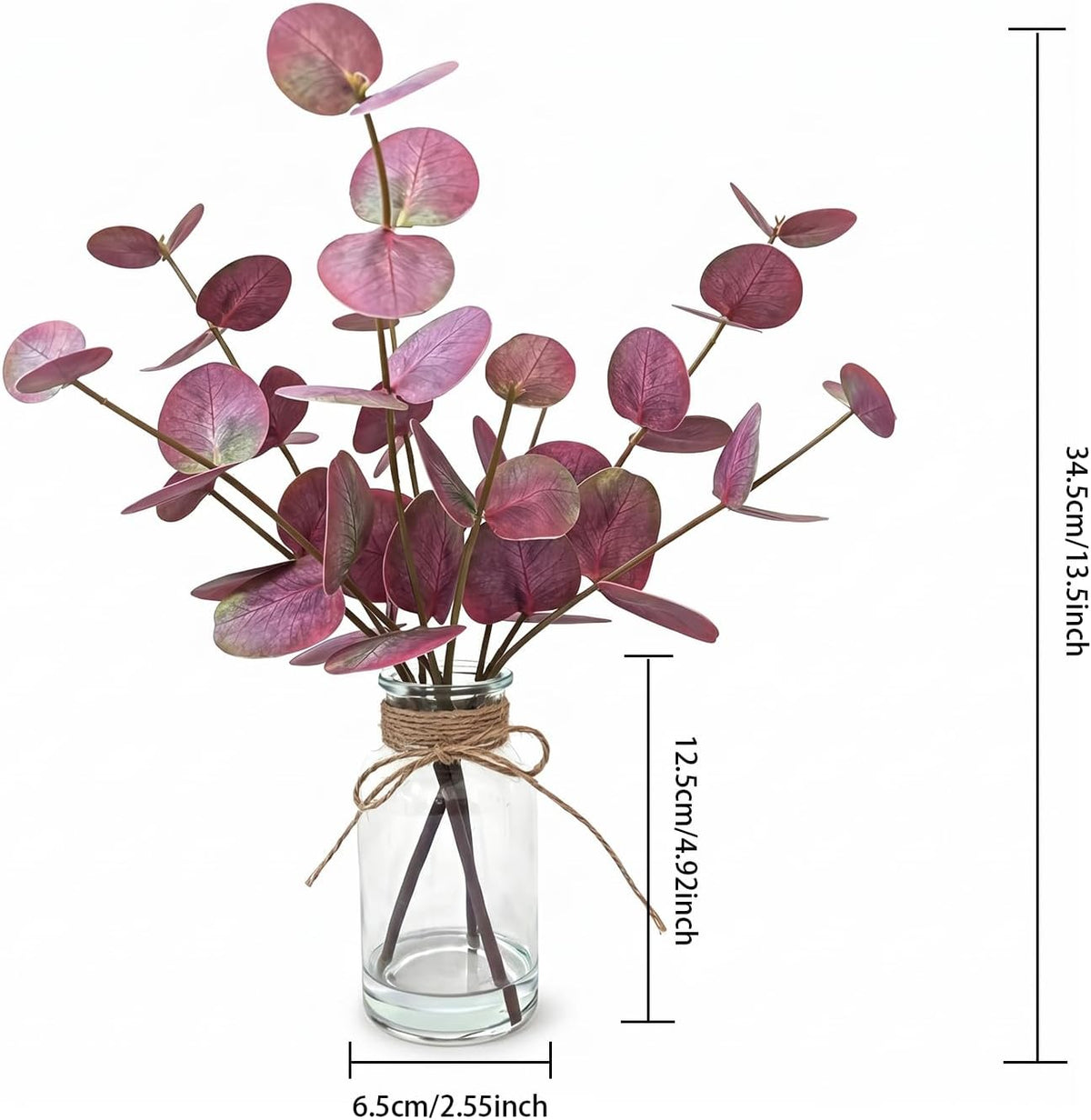 Artificial Eucalyptus Stems in Glass Vase with Faux Water,13.5" Fake Plants for Bathroom Shelf Decor, Farmhouse Centerpieces for Tables, Small Desk Plants for Home Office Decor (Purple)