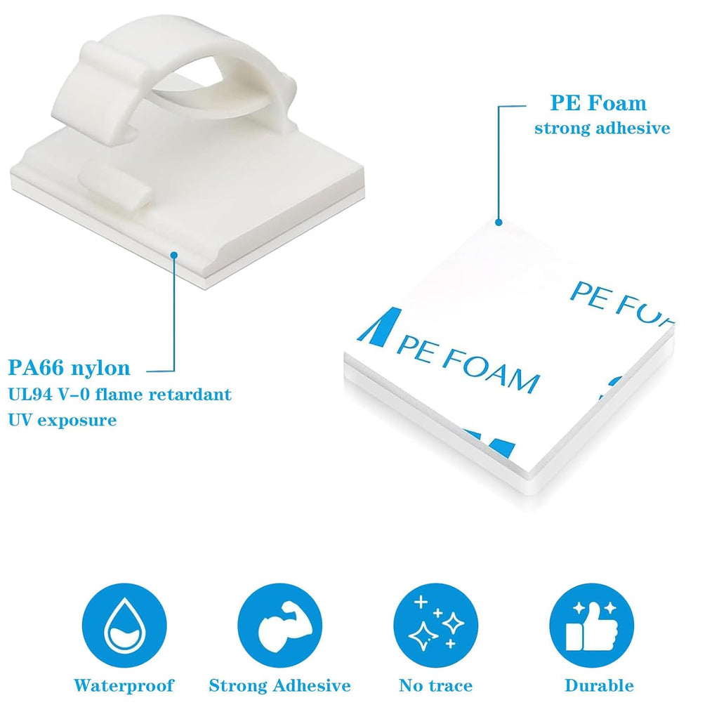 Adhesive Cable Holder Management Wire Clips 50 Pcs White，Suitable for Cables with a Diameter of ≤ 6mm in Cars, Houses, and Offices
