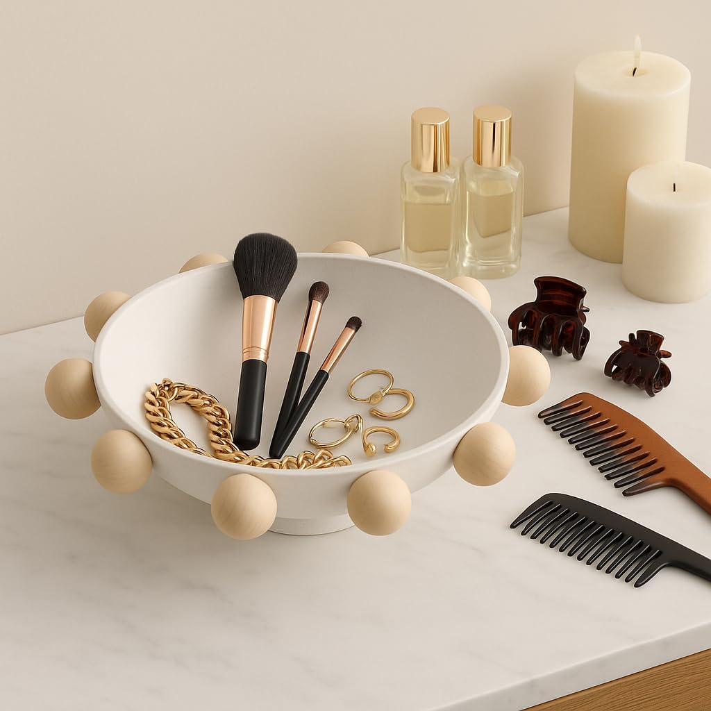 Decorative Bowl for Home Decor – Modern Wood and Metal Accent with Sculptural Wooden Knobs, Casual Catch-All Bowl for Keys, Jewelry, or Potpourri Display on Entryway Table or Console – 13", White