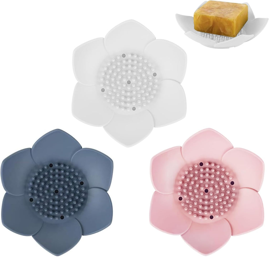 3 Pack Soap Dish, Bar Soap Holder, Bathroom Soap Tray with Drain, Lotus Silicone Soap Holder for Bathroom Shower (Blue, Pink, White)