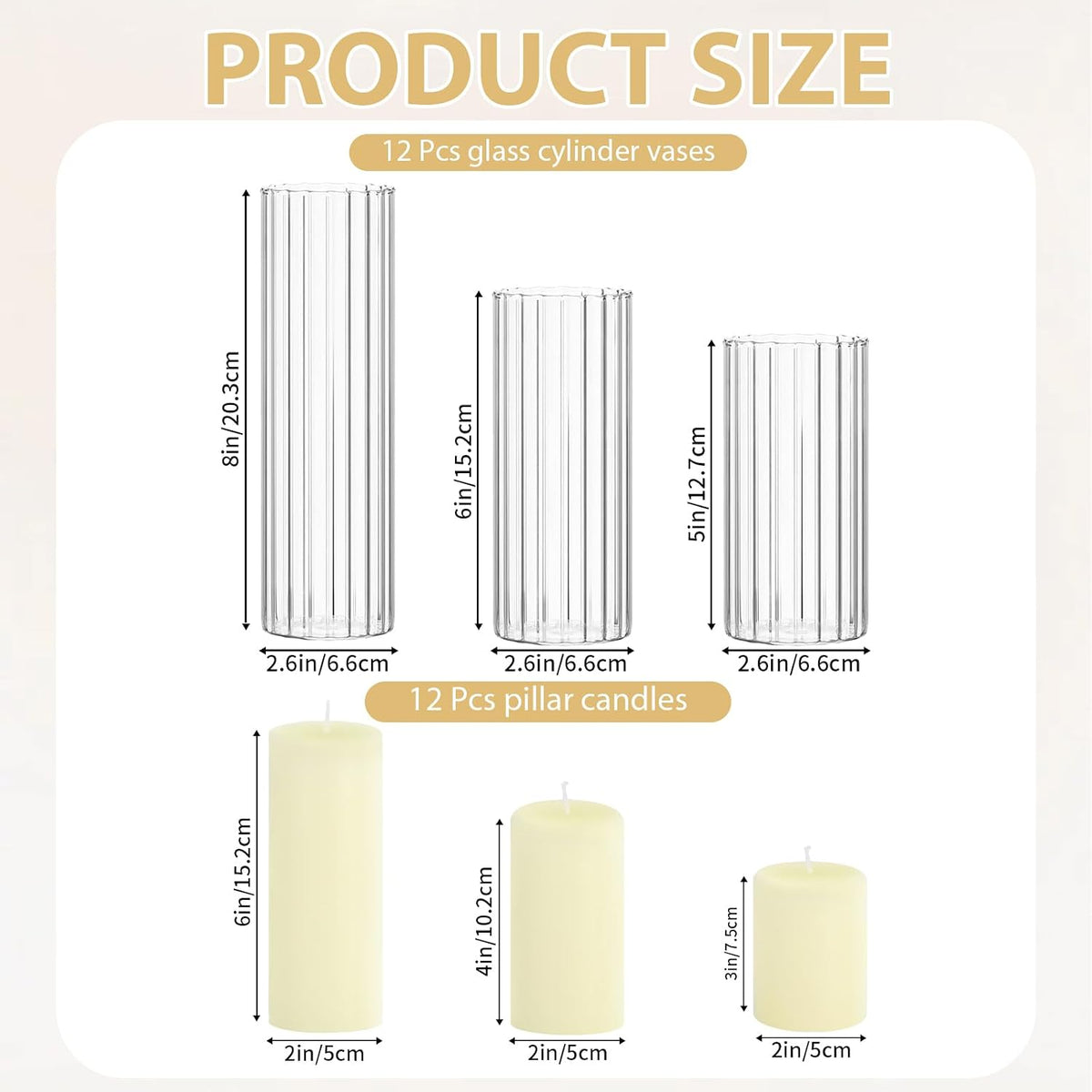 12 Pack Ivory Pillar Candles + 12 Pack Vertical Ribbed Clear Glass Cylinder Holders, Hurricane Candle Shades for Wedding, Home, Party Table Centerpieces Decor
