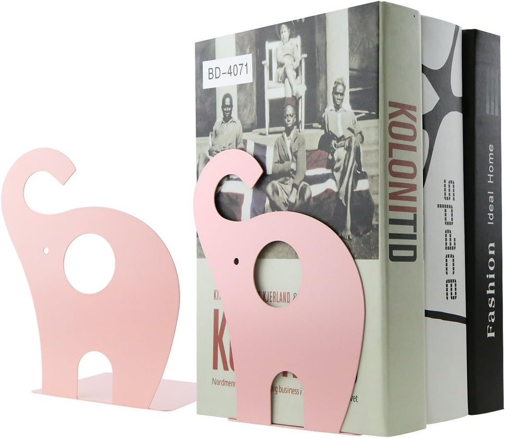 Cartoon Elephant Pattern Book Organizer Cute Metal Bookends for Kids School Library Desk Study Home Office Decoration Gift (Pink)