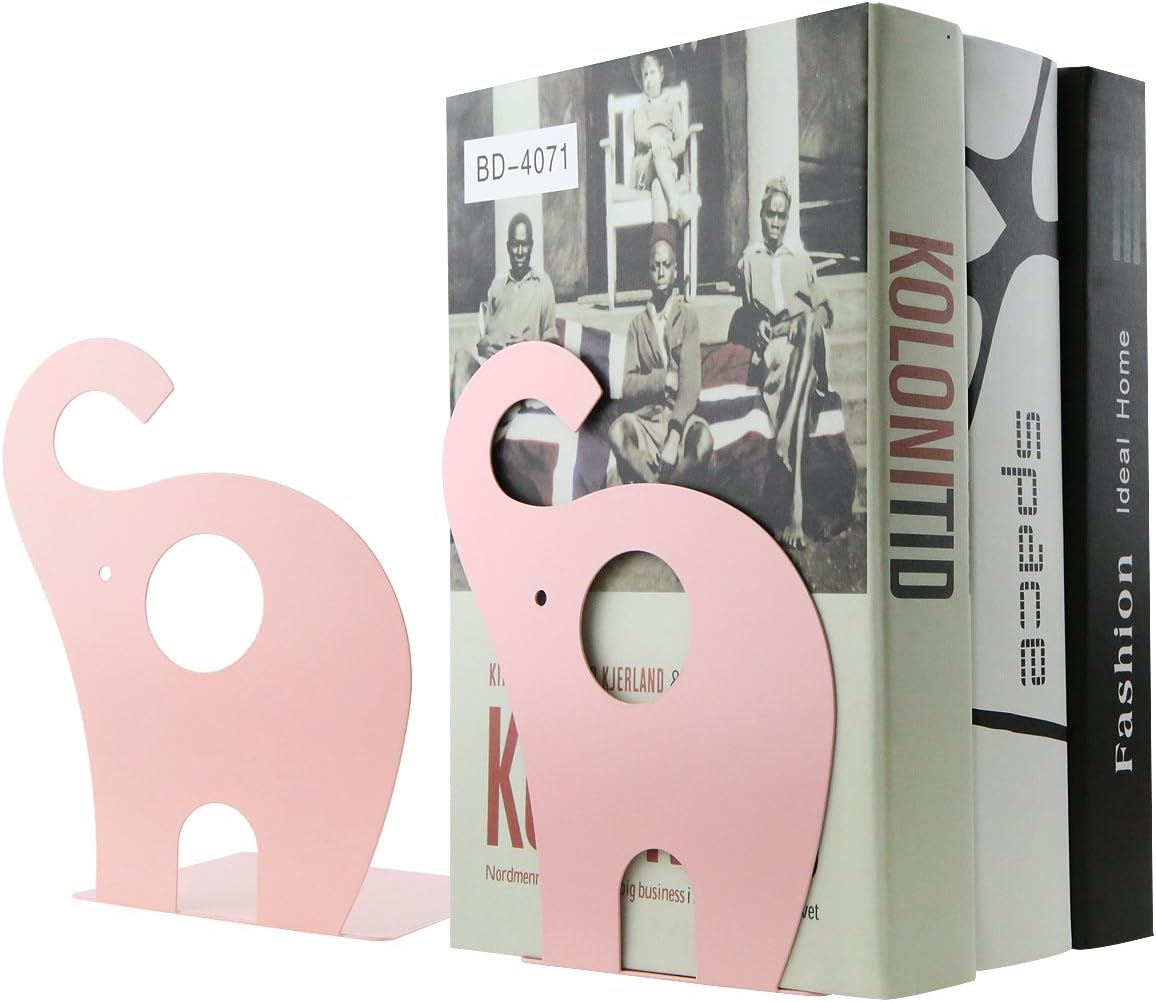 Cartoon Elephant Pattern Book Organizer Cute Metal Bookends for Kids School Library Desk Study Home Office Decoration Gift (Pink)