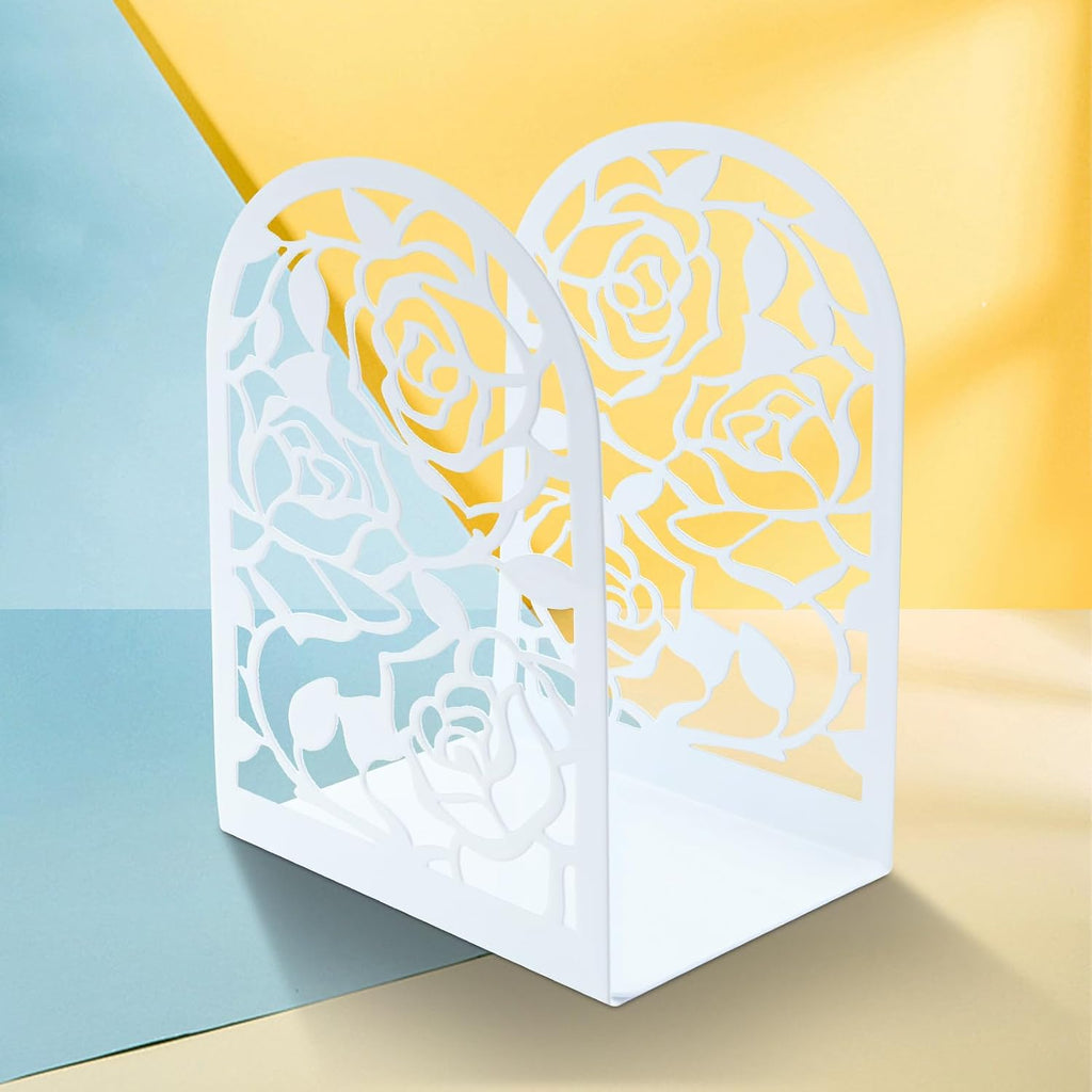 Elegant Rose Bookends Hollow-Out Rose Flower Book Ends Shelves Organizer Metal Book Stands Journal Book Holder Reading Room Decorative Bookends Library Book Stoppers for Office Home School (White)