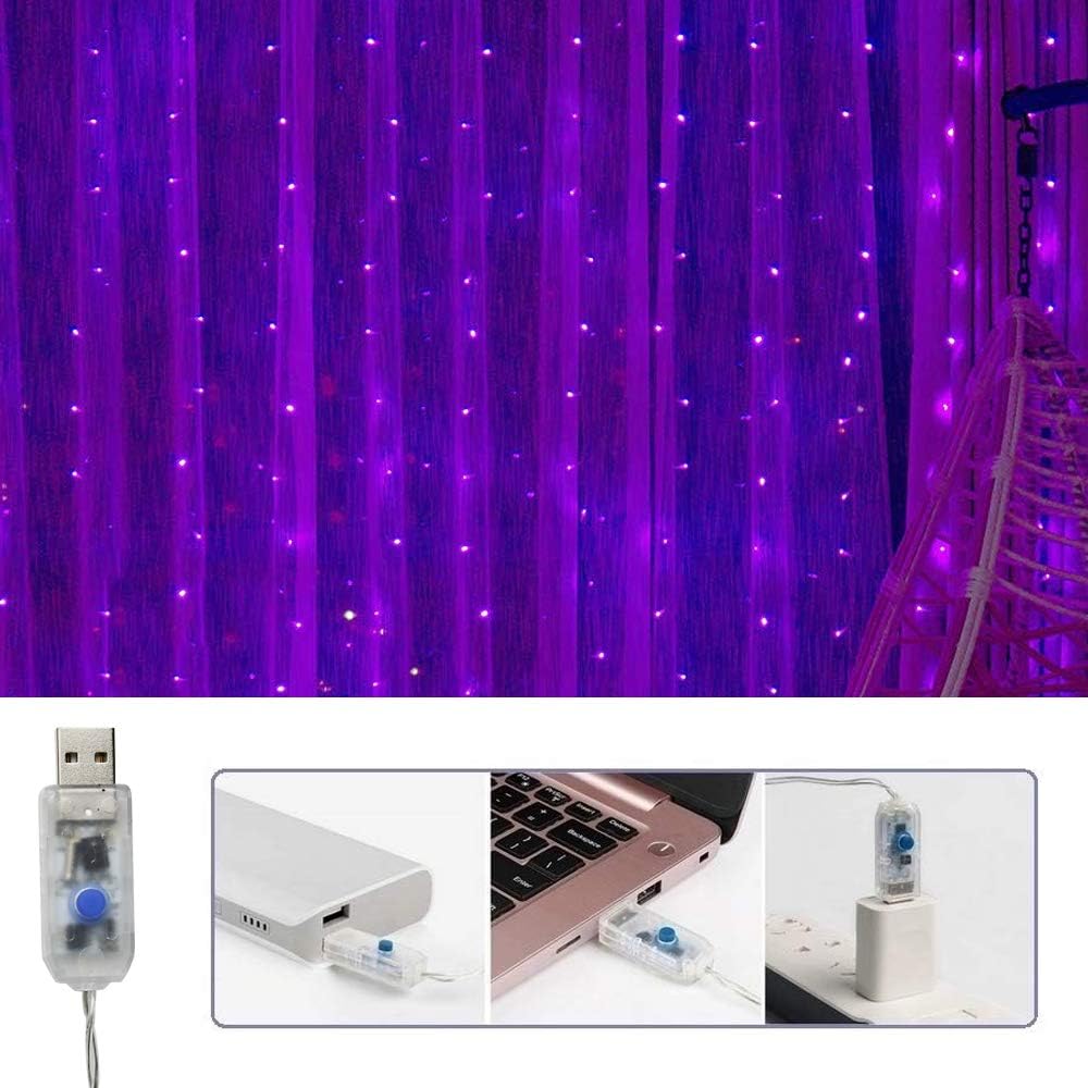 Curtain String Lights Halloween Decor, 300 LED Twinkle Lights with Remote Timer USB Power 8 Modes Purple Fairy Lights for Bedroom Wall, Tapestry, Window, Christmas Decor-9.8ft x 9.8ft(Purple)