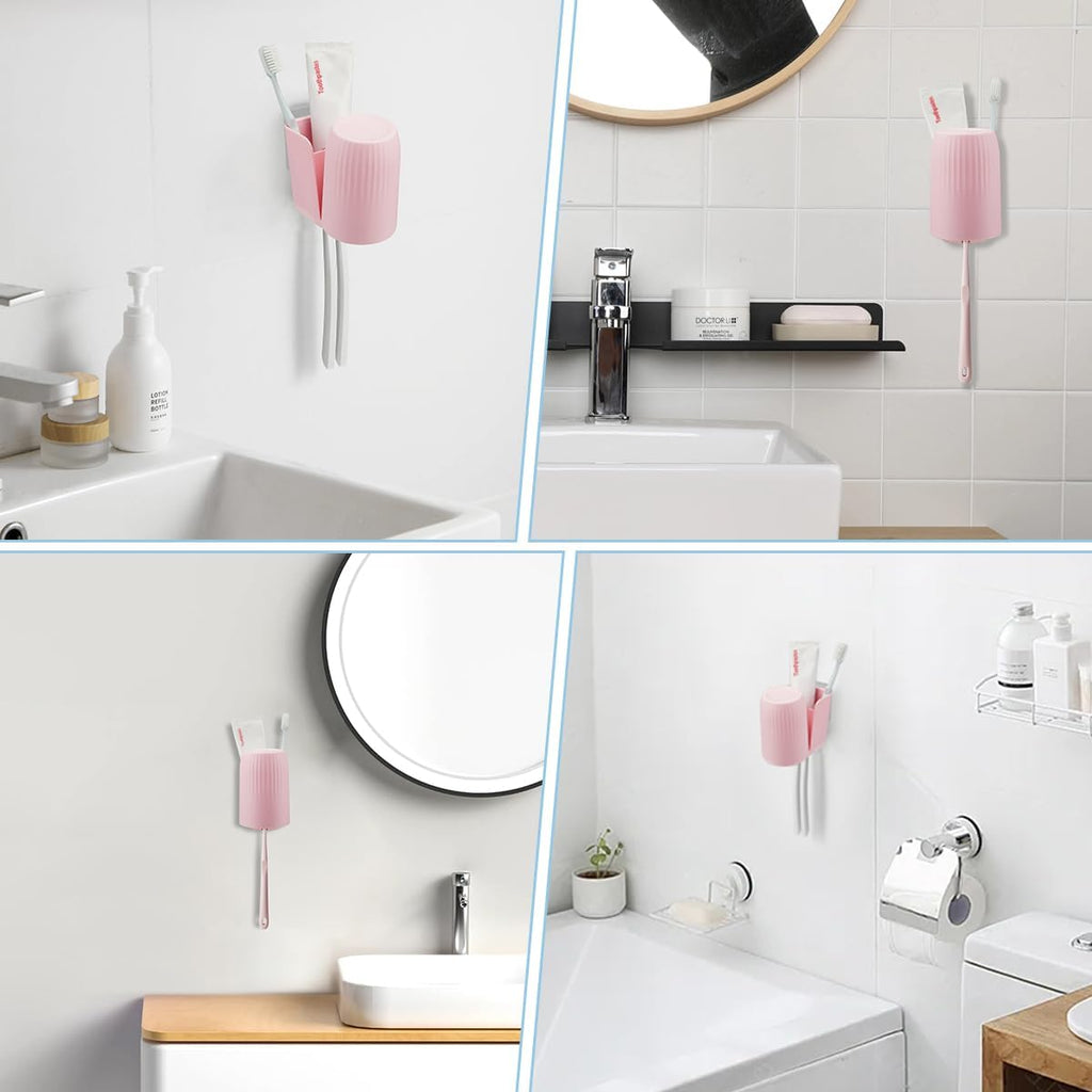 Toothbrush Holders for Bathrooms Toothbrush Holders Wall Mounted BPA-Free Tooth Brush Holder with Toothbrush Cup Drilling-Free (Pink)