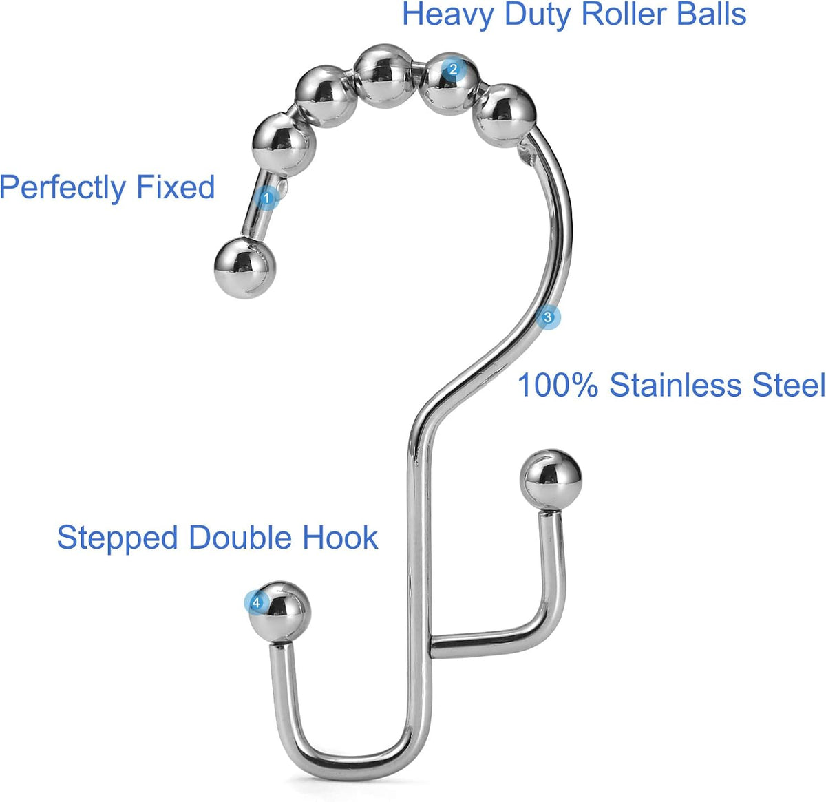 Shower Curtain Rings, SUTINE Shower Curtain Hooks, Stainless Steel Sliver Shower Curtain Hooks Rust Proof, Easy Sliding Double Shower Hooks for Shower Curtains & Liners, 12 Pcs (Chrome)