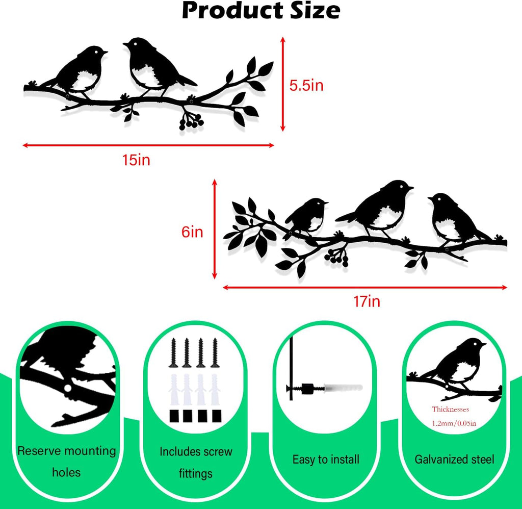 Harikikochuu 2pcs Metal Birds Wall Art Birds on Branch Silhouette Art Rustic Robin Garden Decor Metal Leaf Wall Sculpture for Outdoor Porch Balcony Housewarming Gift Mother's Day Present.
