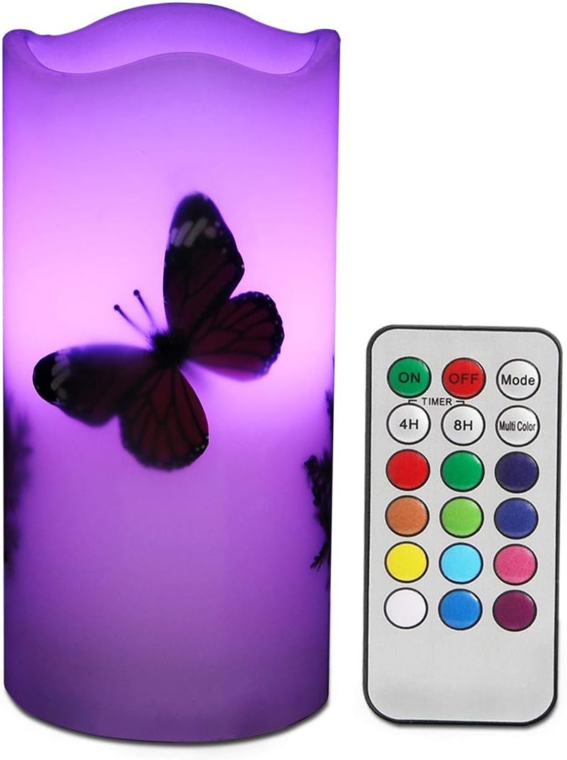 LED Candles Flameless Battery Operated with Remote Timer 6'' Tealight Butterfly & Plants Decor Real Wax Electric Candle Lights 12 Color Changing for Home&Kitchen Indoor/Outdoor Party