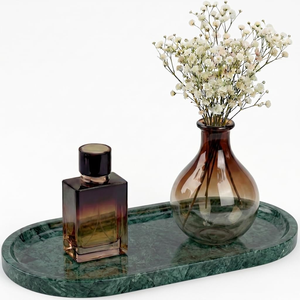 YKAJO Jade Green Oval Marble Tray, 11.8x5.9 Vanity Perfume Organizer Dish