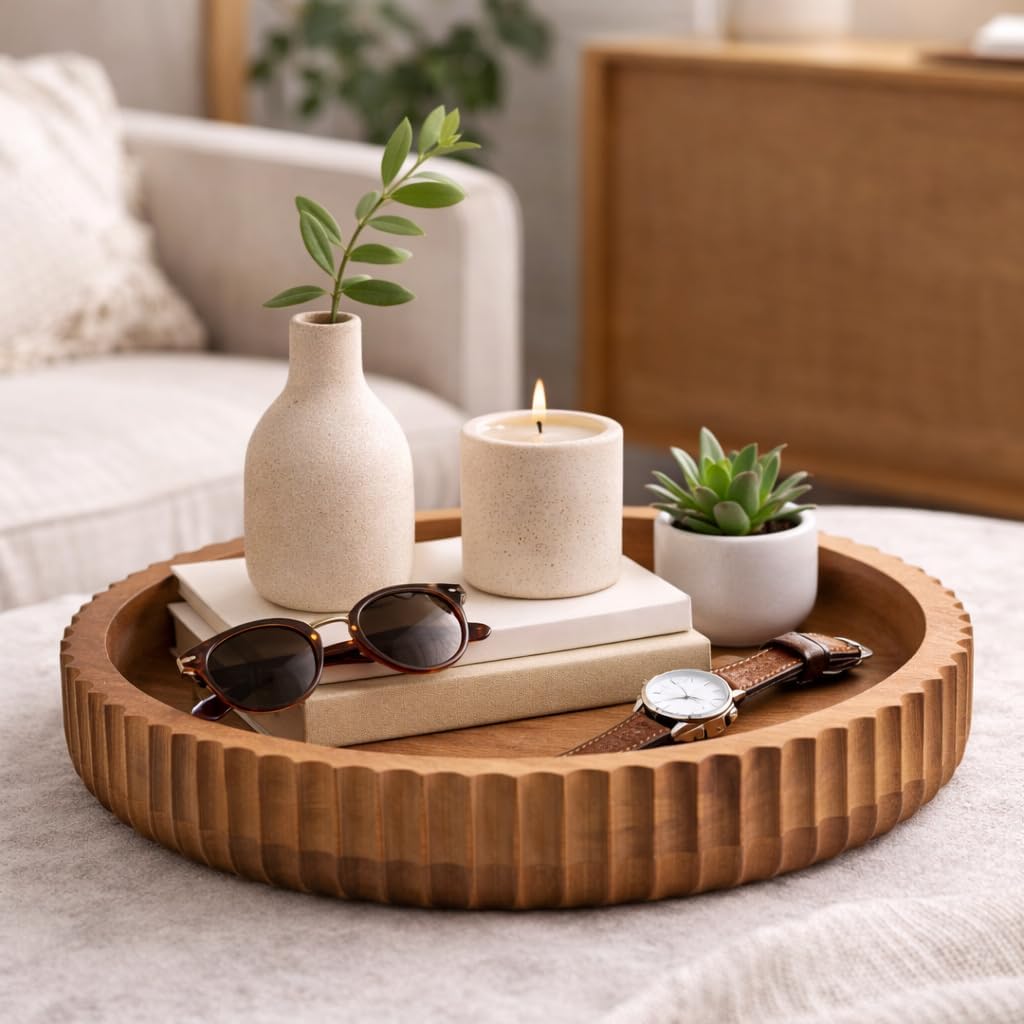 Acacia wood fruit bowl, 12" X 2" Large Fruit bowl for kitchen counter |Wooden bowl for entryway table or dining table centerpiece décor | Also use as keybowl or for candy (Natural Finish)