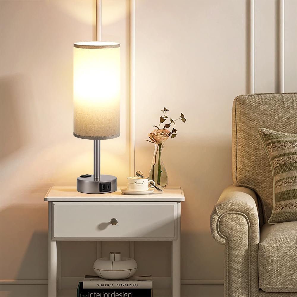 Fenmzee Grey Bedside Lamp for Bedroom, Dimmable Touch, USB A+C, AC Outlet