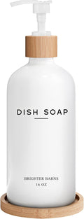 White Glass Dish Soap Dispenser for Kitchen Sink by Brighter Barns - Kitchen Soap Dispenser Set with Tray - Bamboo Pump Bottle - Neutral Minimalist Home Decor in RV, Office, Home, Airbnb, Gift (White)