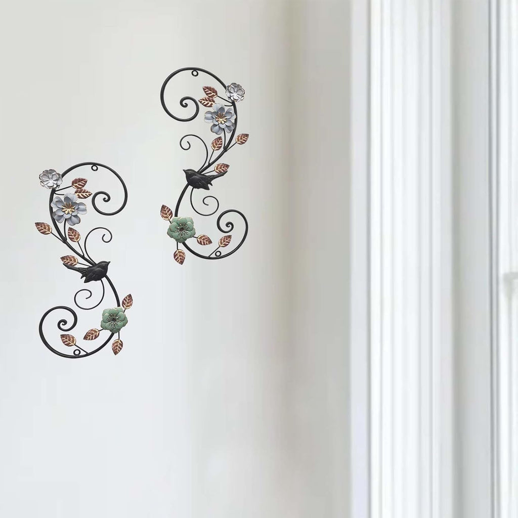 Birminwind 3D Metal Flower Wall Art: 2pcs Vintage Floral Wall Décor with Leaves Bird for Room, 15.16"