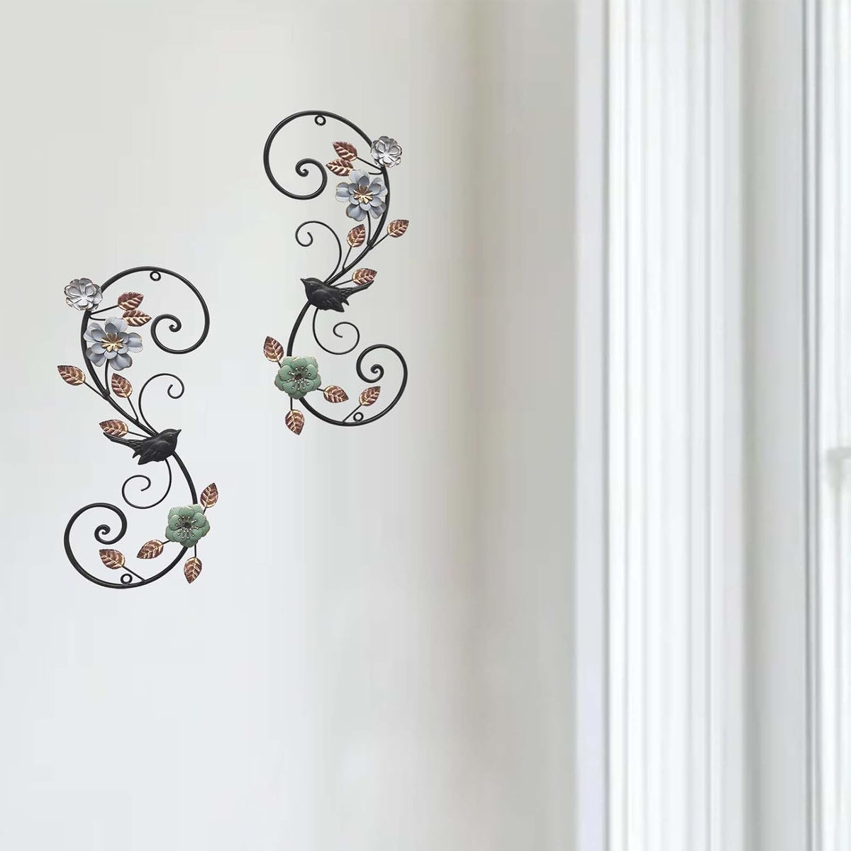 Birminwind 3D Metal Flower Wall Art: 2pcs Vintage Floral Wall Décor with Leaves Bird for Room, 15.16"
