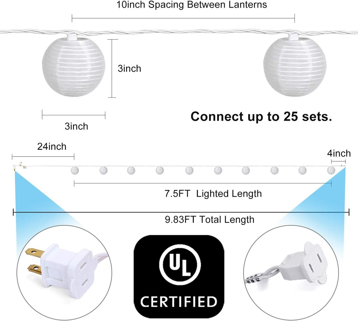TIGOMOOV 10 White Nylon Lantern String Lights-120V Plug in 9.83FT White Wire, Waterproof Indoor Outdoor Hanging Lantern Lights for Patio, Garden, Bedroom, Wedding, Party and Christmas Holiday Decor