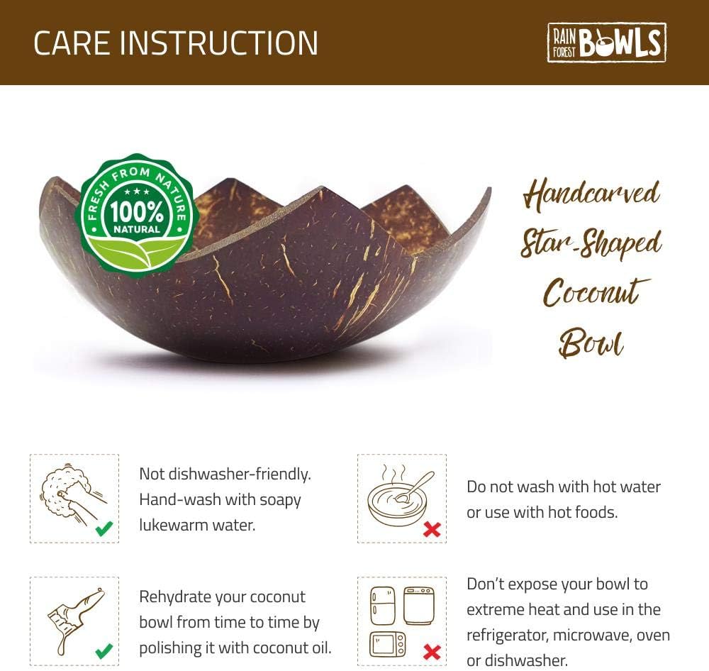 Rainforest Bowls Set of 2 Jumbo Star Coconut Bowls, 2 Wooden Spoons & 2 Reusable Bamboo Straws - 100% Natural, Hand Carved by Artisans, Eco-Friendly & Sustainable - Smoothie/Acai/Salad Bowls