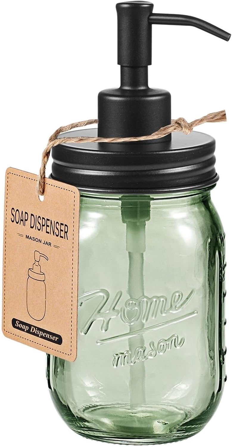 SheeChung Green Glass Mason Jar Liquid Soap Dispenser, 16oz, Black, 1 Pack