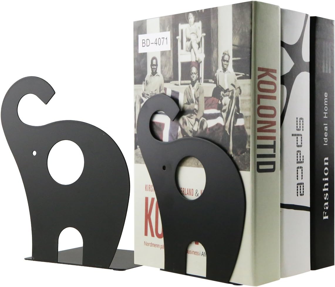 Cartoon Elephant Pattern Book Organizer Cute Metal Bookends for Kids School Library Desk Study Home Office Decoration Gift (Black)
