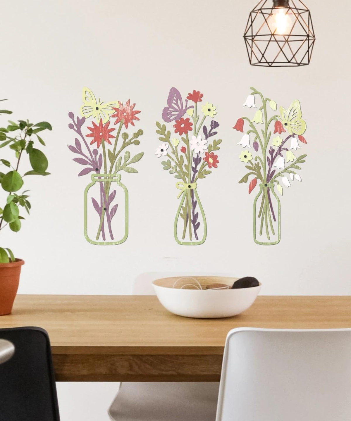 Putuo Decor Metal Flower Wall Decor, 3PCS Minimalist Floral Wall Art with Butterfly, Boho Spring Wall Sculptures for Living Room Bedroom Bathroom Kitchen, Modern Colorful Metal Flowers Decorations