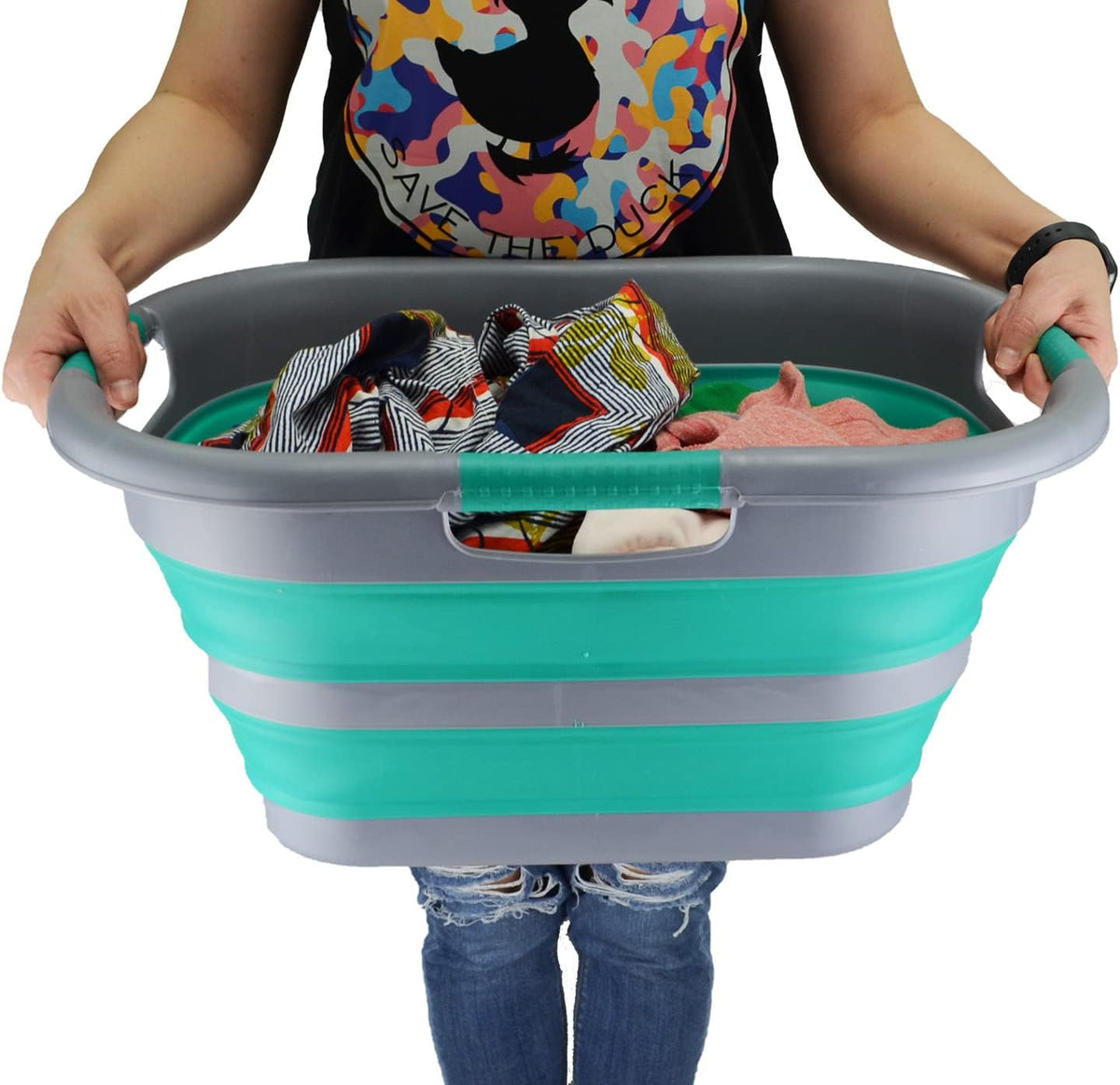 SAMMART 30L (7.9 gallon) Collapsible Plastic Laundry Basket - Foldable Pop Up Storage Container/Organizer - Portable Washing Tub - Space Saving Hamper/Basket (1, Dark Grey/Bluish-Green)