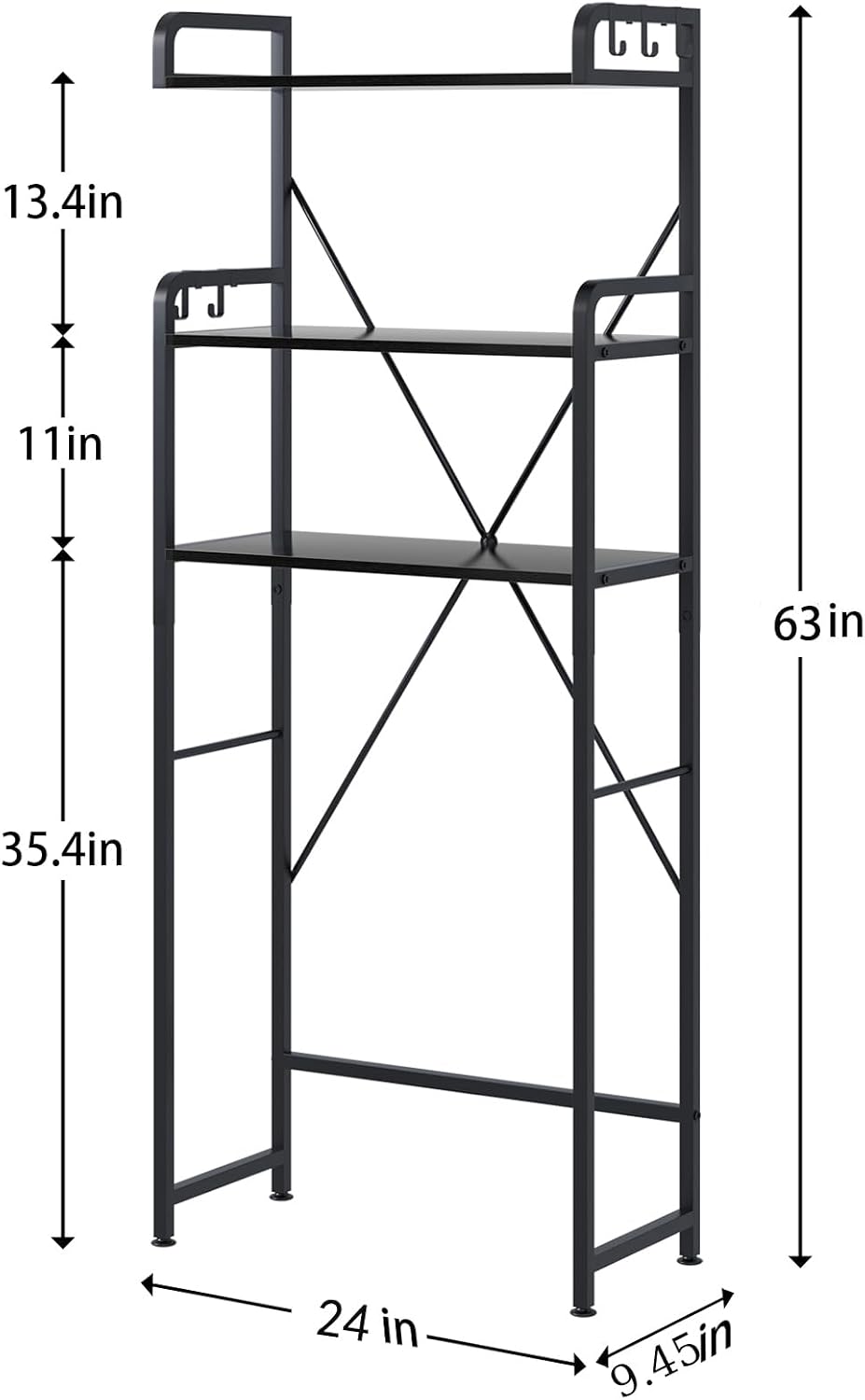 Huhote Over-The-Toilet Storage Rack with 3-Tier Shelves, Space Saver Toilet Shelf, Bathroom Storage Organizer with Hooks for Over-Toilet Storage (Black)