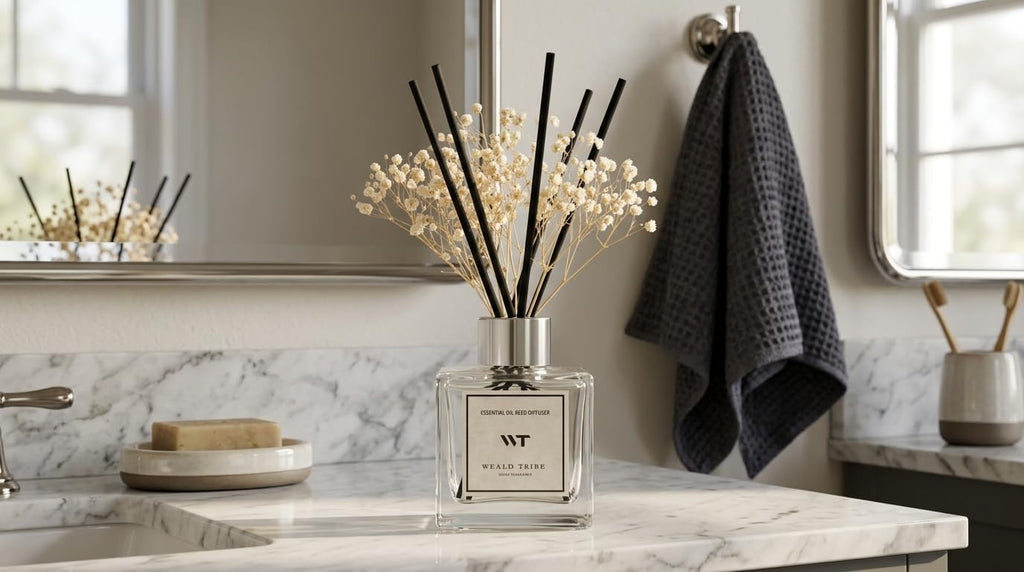 WEALD TRIBE Reed Diffuser Set Pure Cotton Scent for Bathroom Air Fresheners with Real Flower, Oil Diffuser Stick | 5.1 fl oz Home Fragrance with Sticks Defusers | House Bedroom Office Shelf Decor