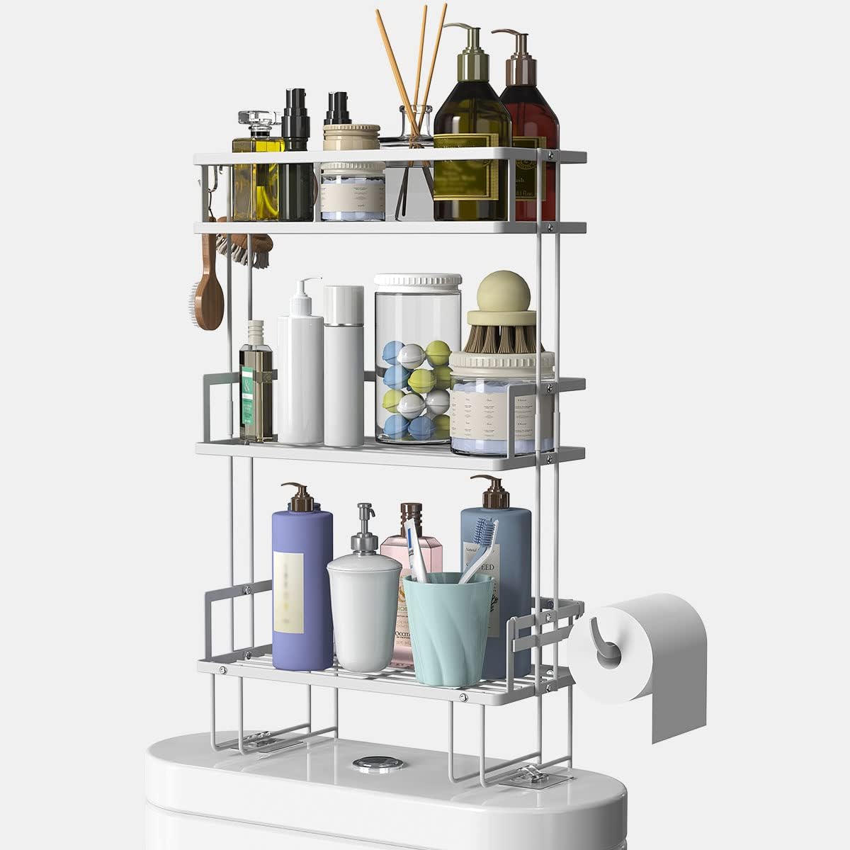 FLOLXNB Over The Toilet Storage,3-Tier Bathroom Organizer Shelves with Paper Holder, Multifunctional Toilet Rack,No Drilling Storage Shelf, Home Storage Space Saver Wall Mounting Design,White