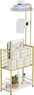 SWTYMIKI Freestanding Toilet Paper Holder - 4-Tier Free Standing Toilet Paper Holder Stand with Large Basket, Stand Mega Roll Storage Rack for Extra Rolls, Magazines, Wet Wipes, Gold